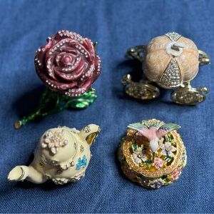 Miniature Trinket Box Lot Of 4 Rhinestone Rose Teapot Carriage Hummingbird